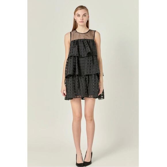 English Factory Dresses & Skirts - English Factory Black Organza Gridded Tiered Sleeveless Mini Dress - size Small